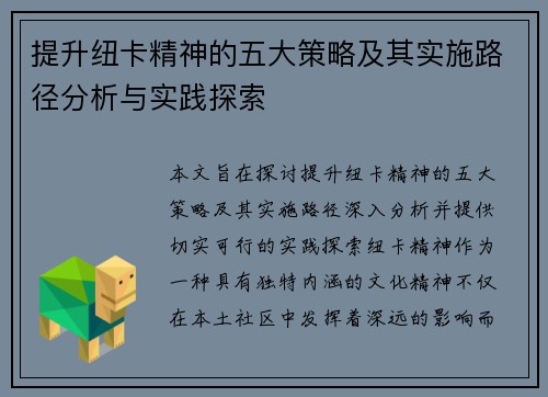 提升纽卡精神的五大策略及其实施路径分析与实践探索