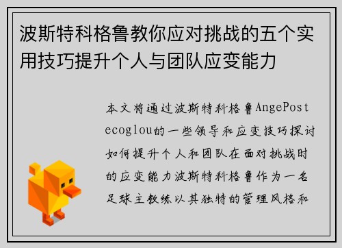 波斯特科格鲁教你应对挑战的五个实用技巧提升个人与团队应变能力 波斯特科格鲁教你应对挑战的五个实用技巧提升个人与团队应变能力
