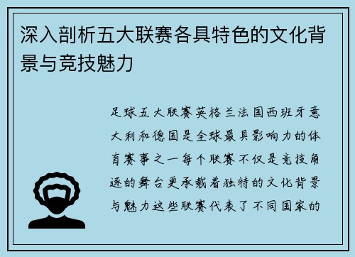 深入剖析五大联赛各具特色的文化背景与竞技魅力 深入剖析五大联赛各具特色的文化背景与竞技魅力